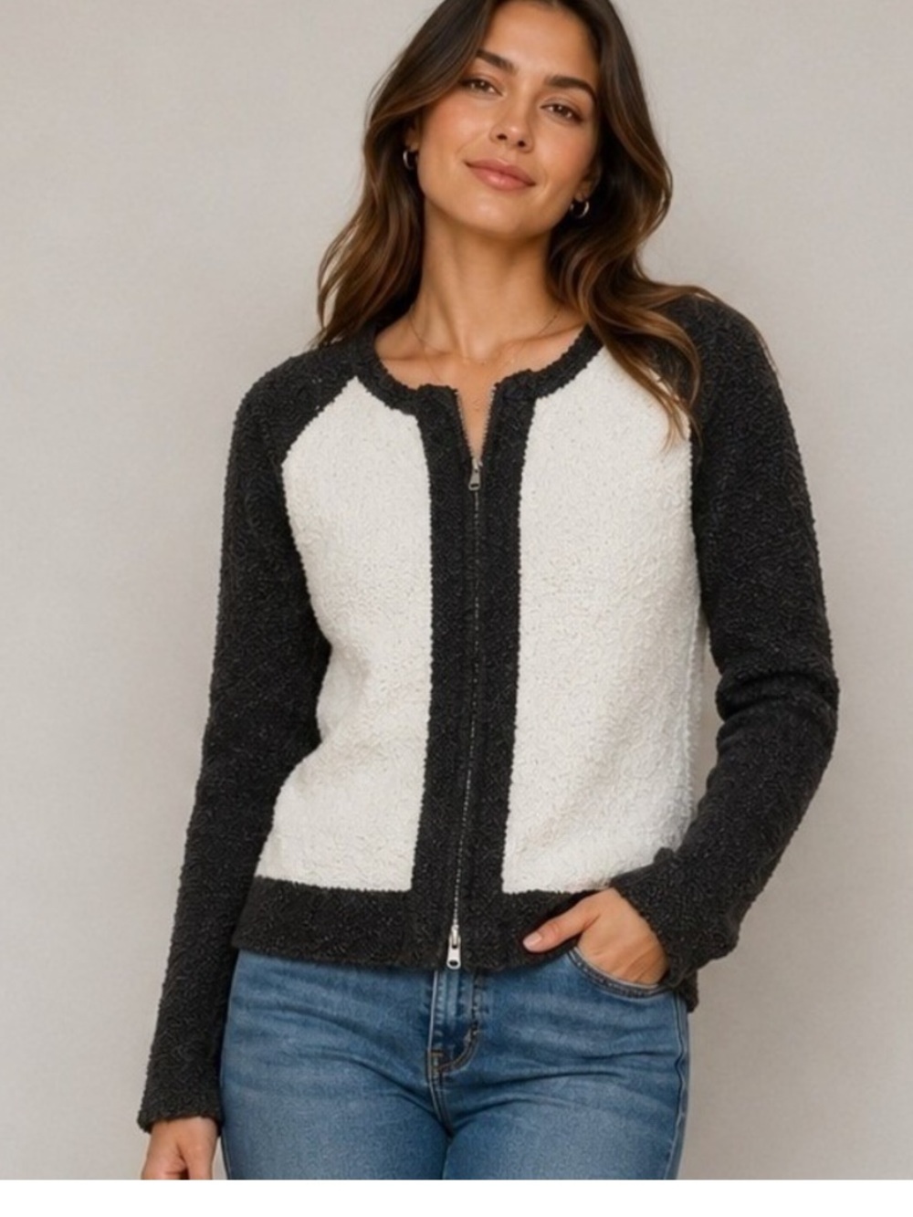 J. CREW • Blogger’s Favorite Boucle Baseball Colorblock Black & White Zip Jacket - Picture 8 of 14